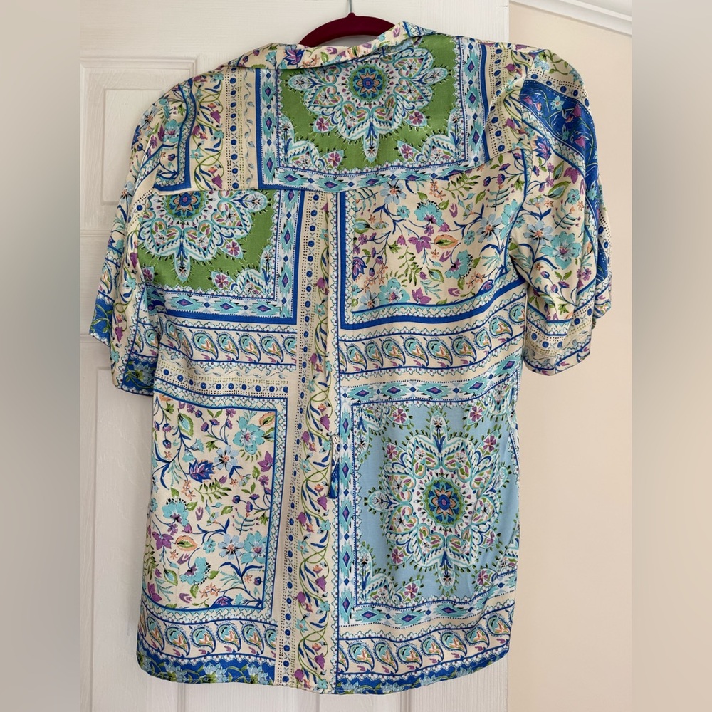 Zara Satin Multicolor Patchwork Button-Down Shirt - image 3